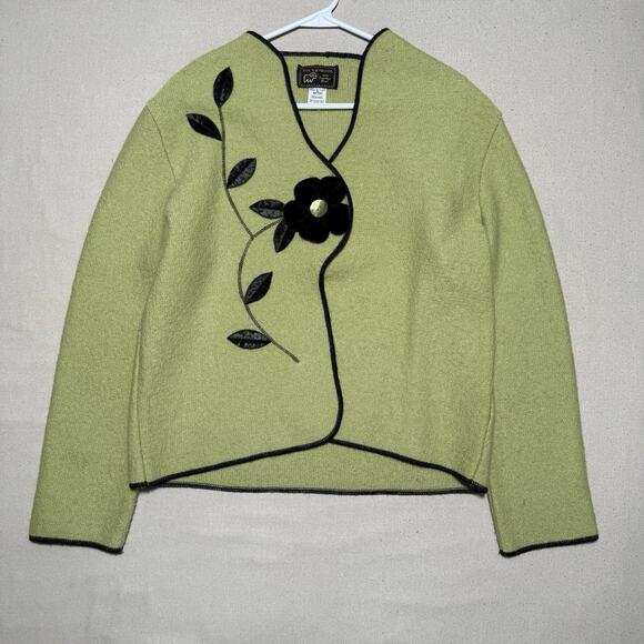South Wool Sweaters - Vintage South Wool Green Floral Applique Cardigan Sweater Women’s Large Button
